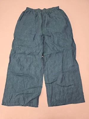 Pantalones FLAX Azul Lino Corte Pierna Ancha Cintura Elástica Lagenlook Talla M Foto 1 de 4