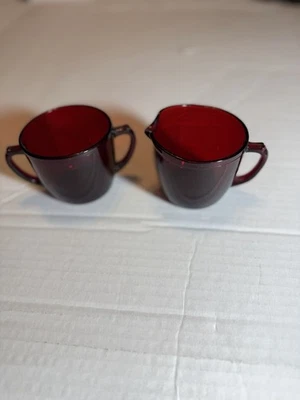VTG MCM Anchor Hocking Ruby Red Open Sugar & Creamer USA 2 3/4" x 2 3/4" H 14 oz - Image 1 of 4