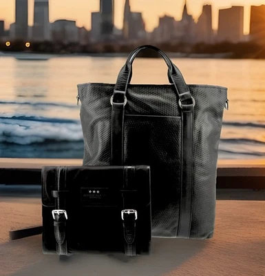 John Varvatos ⭐️ USA Men’s Black Leather Tote & Black Canvas/ Leather iPad Case - Image 1 of 3