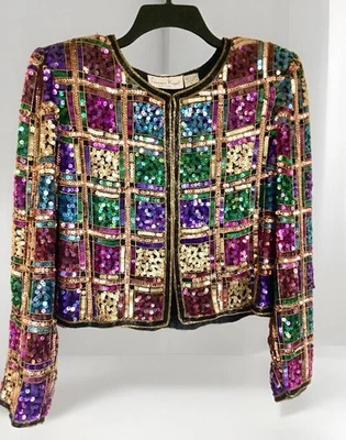 Chaqueta De Colección Laurence Kazar Seda Cuentas Lentejuelas Cuadros Dorado Multicolor Talla S Foto 1 de 4