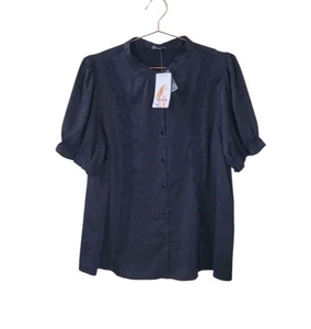 New PRETTYGARDEN XL Black Puff Sleeve Button Front Embroidered Detail Shirt - Picture 1 of 14