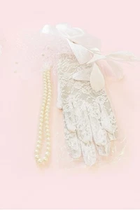 Masquerade Wedding 3 Piece Set, Faux Pearl Necklace Lace Gloves Veil Feathers - Picture 1 of 11