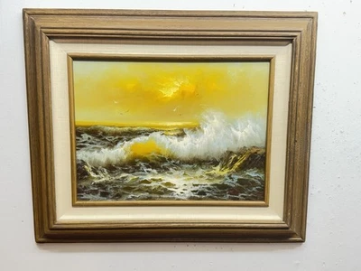 Vintage Seascape Sunset Waves Crashing Seagulls Swarming Signed Duncan Painting - Image 1 of 4