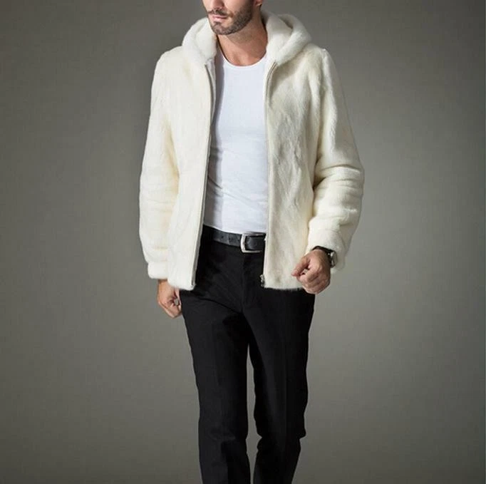 Abrigo de invierno con capucha de piel de visón sintético para hombre chaquetas cortas informales ropa exterior cálida Foto 1 de 1
