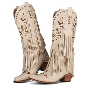 Women's Cowgirl Boots Knee High Fringe Boots Tassel Western Boots Classic Emb... - Picture 1 of 7