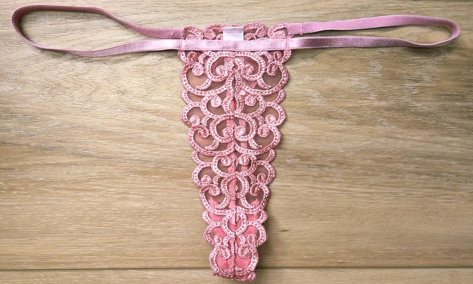 Rare Vintage Victoria's Secret Pink Sheer Lace Tiny Micro V-String Panties M - Image 1 of 3