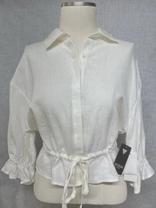 NWT Guess Womens S Linen Crop Top Shirt Blouse Peplum Button Front Natural - Picture 1 of 12