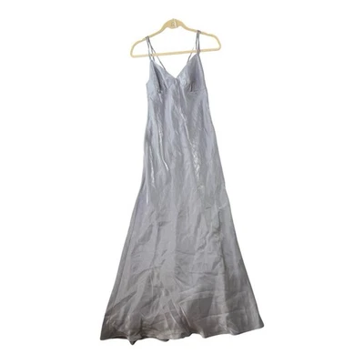 Maxi Vestido Sin Mangas Brillante Satinado Plateado Iridiscente Tirantes Correas de Espagueti Talla S Foto 1 de 4