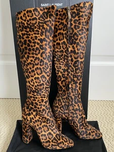 NIB Saint Laurent YSL Lou Brown Leopard Pony Hair Knee High Boots Sz 36 6 $2695 - Picture 1 of 12