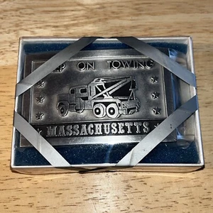 Vintage Keep On Towing Truck Massachusetts Belt Buckle Pewter John E. McCann NEW - Picture 1 of 7