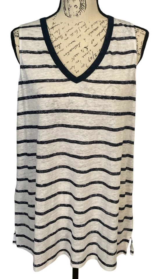 Camiseta sin mangas Tommy Bahama para mujer S de lino a rayas con cuello en V azul marino blanco Foto 1 de 4