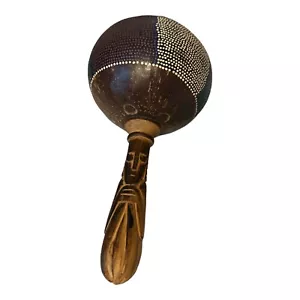 Maraca Instrument Beaded Coconut Turtle Wooden Carved Handle 10” Long - Picture 1 of 4