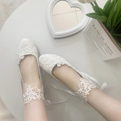 Flat Low Med High Lace Bridal Wedding Shoes with Ankle strap pump White Ivory - Image 1 of 4