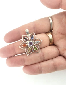 Sterling Silver Pendant Womens Flower Gemstone Chakra Mandala Amethyst Rainbow - Picture 1 of 8