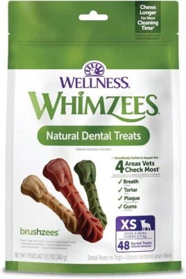 Paquete de 48 golosinas dentales naturales para perros Whimzees Wellness refrescan la respiración de larga duración Foto 1 de 4