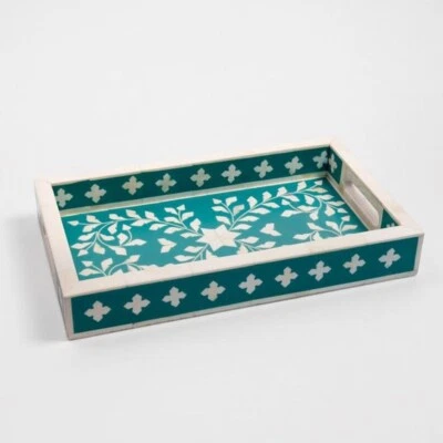 Bone Inlay Tray- Handmade Teal Scroll Vine - Image 1 of 4