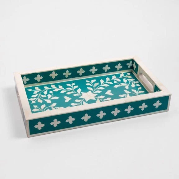 Bone Inlay Tray- Handmade Teal Scroll Vine - Image 1 of 4
