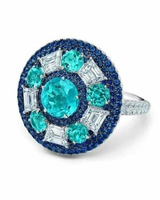 Hermoso anillo Art Deco de turmalina verde como nuevo, zafiro azul y circonita cúbica 22,65 quilates Foto 1 de 2