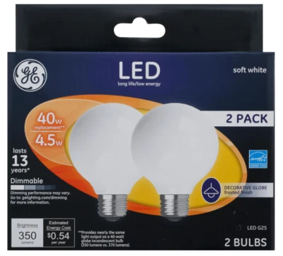 GE LED Decorative Light Bulbs, Soft White, Frosted, 350 Lumens, 4.5-Watts, 2-Pk. - Image 1 of 2