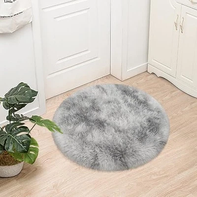 Tie Dye Grey Round Rugs Small 3x3 ft Fluffy Circle Rug Furry Carpet Shaggy  - Image 1 of 4