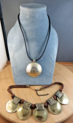 2 Chunky Large Cord Necklace With Gold-tone Round Dangle Pendants Lot #556 - Image 1 of 4