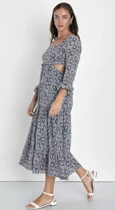 New $69 Lulus XS Blissful Sweetie Navy Blue Paisley Tiered Cutout Midi Dress NWT - Picture 1 of 9
