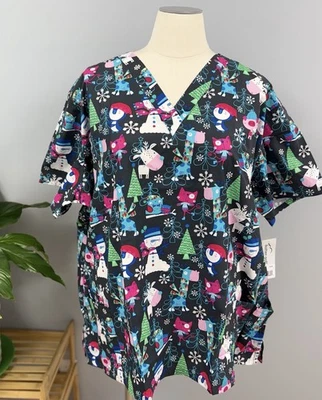 NWT Buttersoft Scrub Top Plus 4X Gray Christmas Pink Cat Cotton Scrubs New - Image 1 of 4