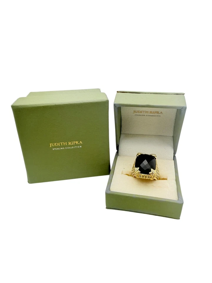 Judith Ripka Sterling Silver Gold Tone Pave CZ Black Onyx Ring Size 5 - Boxes! - Image 1 of 4