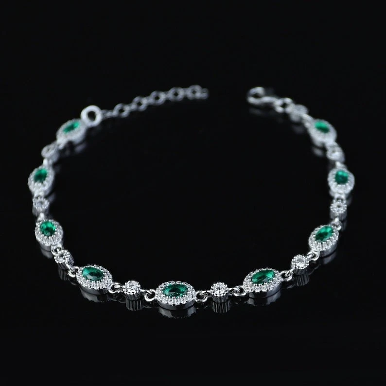 Women Silver Emerald Tennis Bracelet May Birthstone Emerald Bracelet - Image 1 of 4