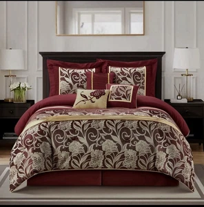 Jacquard 7-Piece Comforter Bedding Set, Red, Bed Size King, Floral Bedding Set,. - Picture 1 of 3