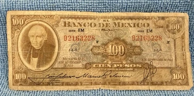 Банкнота Мексики номиналом 100 песо 1954 Мигель Идальго бумажные деньги серия ABN EM B2163228 - Изображение 1 из 2