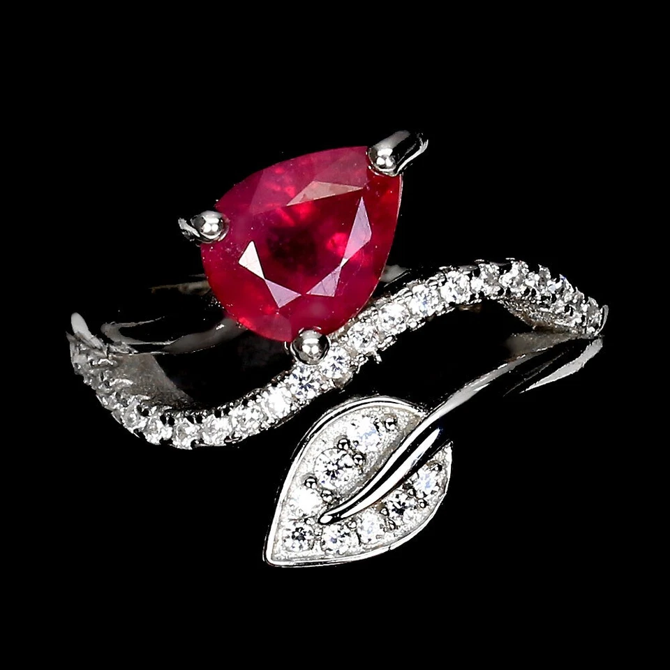 925 Sterling Silver Ring with Pear-Shaped Ruby (8x6mm) Simulated Zirconia... - Image 1 of 4