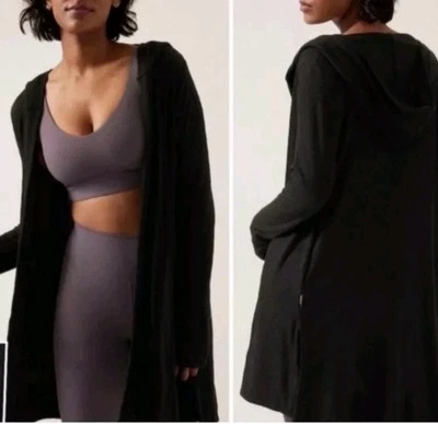 Athleta Harmony Pose Wrap Talla Grande Negro Con Capucha Acanalado Tejido Bolsillos Agujeros para los Pulgares Foto 1 de 4