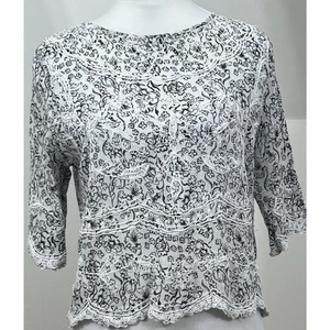River Island Blouse Black White Bead Pearls Size 12 Cropped Cotton Scalloped Hem - Picture 1 of 11