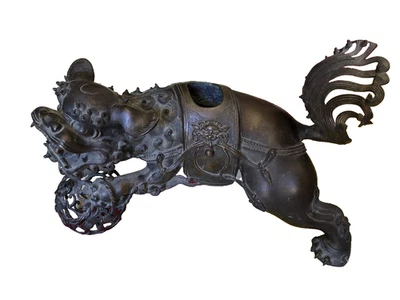 Chinese Bronze Foo Dog Shishi Censer Incense Burner, Pierced Brocade Ball, 10" - Image 1 of 4