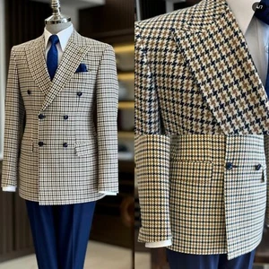 HOT SALE Men's Houndstooth Suit Business 2Pcs Double Breasted Formal Jacket - Picture 1 of 7
