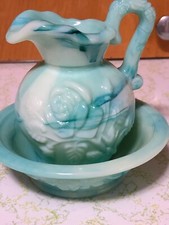 1986 Avon 5 in. teal jadeite pitcher and bowl
