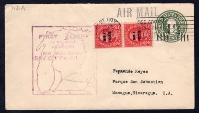 USA First Flight Cover 1928 Flint Mich to Nicaragua. Molly Pitcher Pair - Image 1 of 2