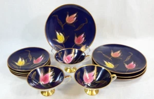 MCM Coffee Tea Set of 3 Navy w Tulips Plate, Cup & Saucer Set + extras GERMANY - Imagen 1 de 10