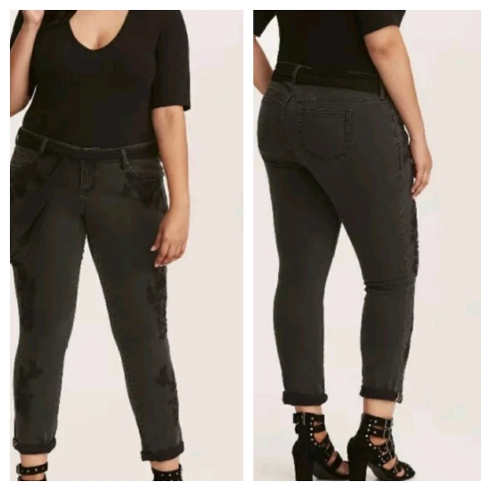 Torrid Premium Embroidered Black BOYFRIEND Belted Jeans Sz 14 #47630