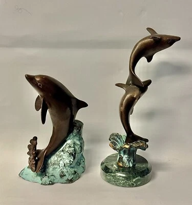 Pair of Sculptures Dolphin & Double Dolphins On Waves by SPI Bronze w/Patina - Image 1 of 4