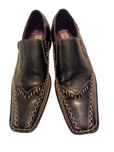 Giorgio Brutini Leather Sz 10.5 Black Slip-Ons, Beige Topstitching, Squared Toe - Picture 1 of 6