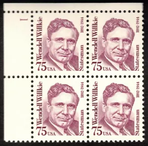 US Scott #2192 Wendell Willkie ~ Magenta ~ 1992 ~ 75c ~ Plate block ~ VF NH OG - Picture 1 of 1