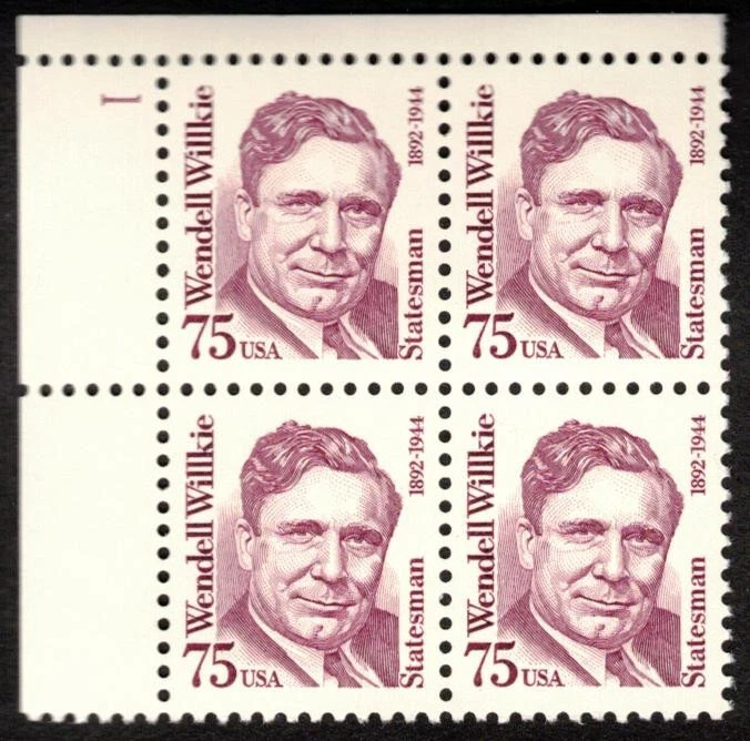 US Scott #2192 Wendell Willkie ~ Magenta ~ 1992 ~ 75c ~ Plate block ~ VF NH OG - Image 1 of 1
