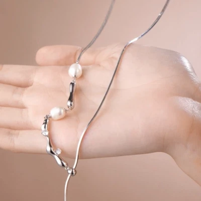 silver Y-drop necklace simulated diamond fresh water pearl adjustable long Foto 1 de 4