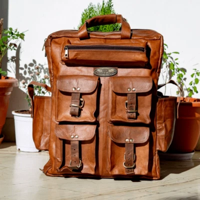 Large Men's Backpack Genuine Vintage Leather Travel Bag Brown Laptop Rucksack - Image 1 of 4