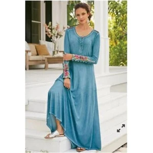 Maxikleid Soft Surroundings blau bestickt Langarm Petite L RR22 - Bild 1 von 6
