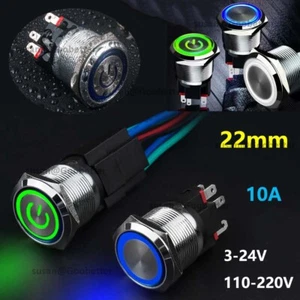 Metal Button Switch 22mm LED Illuminated Push Button Switch 10A 24V 220V IP67 - Picture 1 of 24