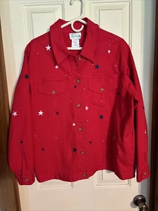 Womens Size XL The Quacker Factory Red Jean Jacket Coat Winter Fall Spring Denim - Picture 1 of 12
