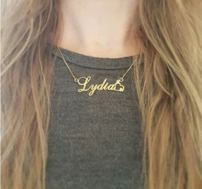 Womens Personalized Cursive Name W/Heart Pendant Necklace 14k Yellow Gold Plated Foto 1 de 4